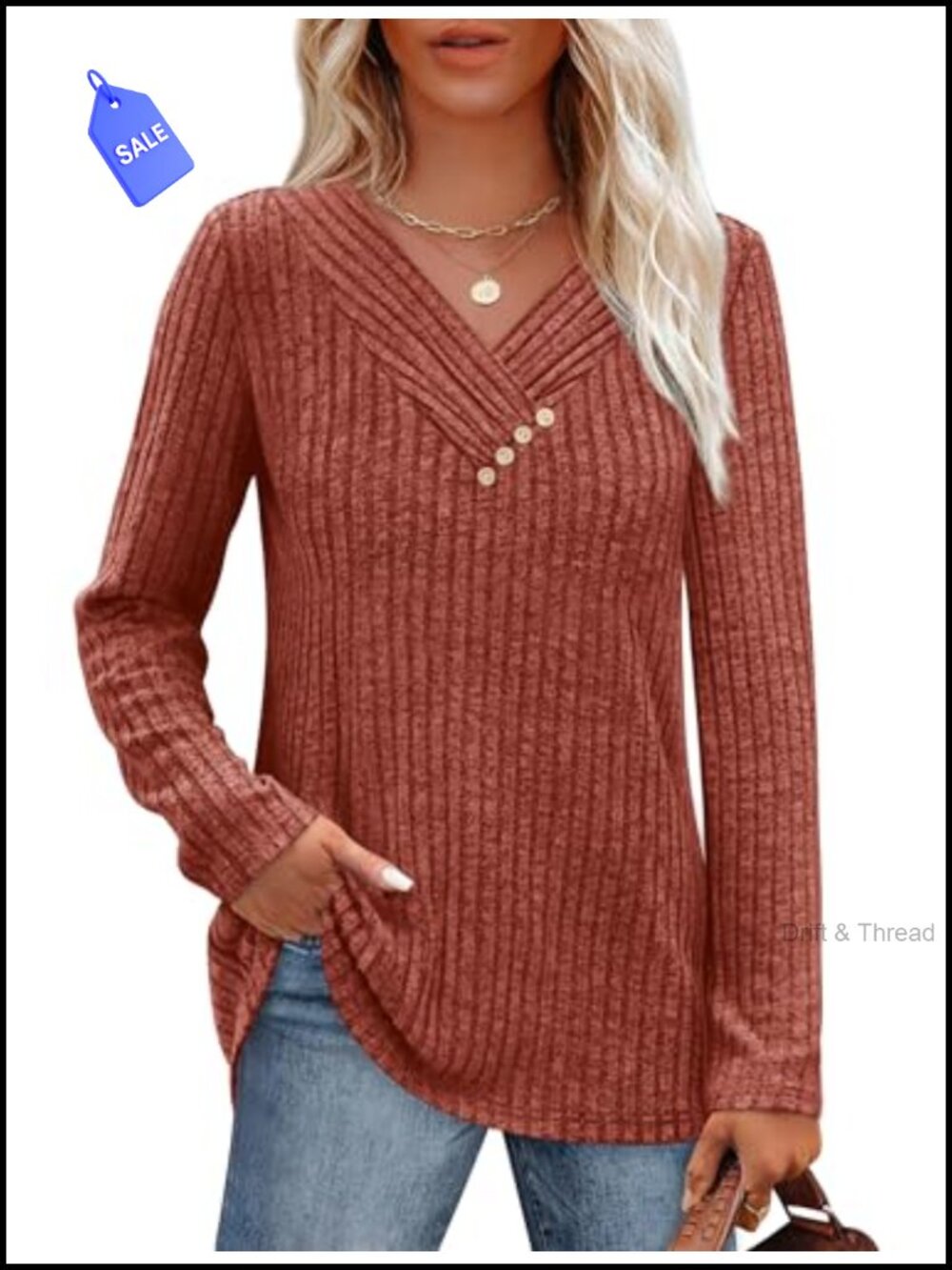 Women's V-Neck Long Sleeve Tunic Sweater with Buttons - Loose Fit Pullover